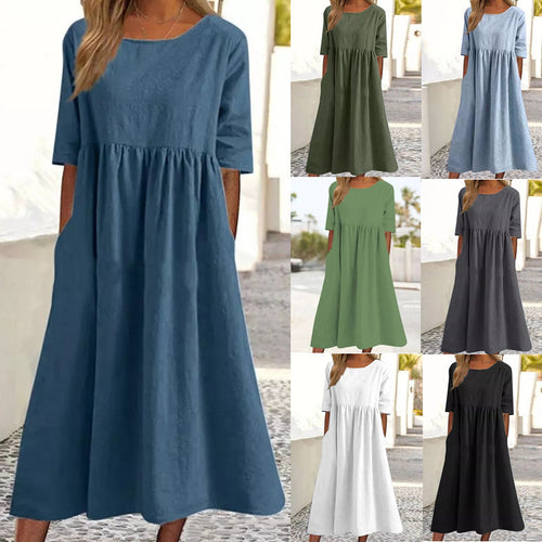 Casual Cotton Linen Short Sleeve Pocket Pleated Loose Round Neck Dress