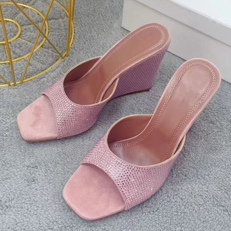 Women's Summer Crystal-embellished Sandals Sexy Peep Toe Wedge Heel Mules Slip-on High Heel Slippers Ladies Bling Party Shoes