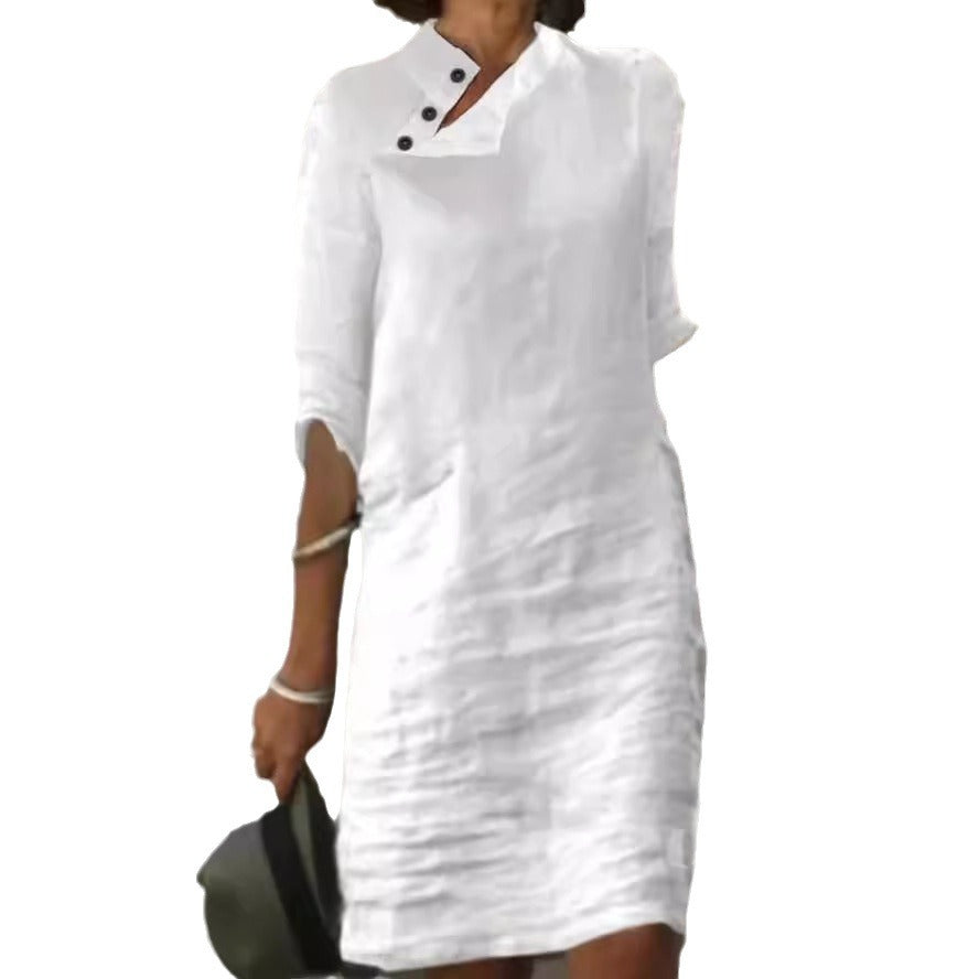 Casual Stand-up Collar Buttoned Linen Cotton Solid Color Mid-length Sleeve Dress