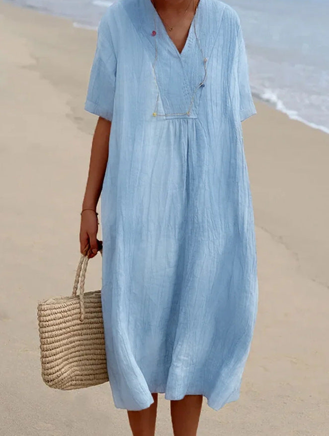 Women's Casual Slimming Pure Colour Linen Cotton Dress, Versatile and Fashionable