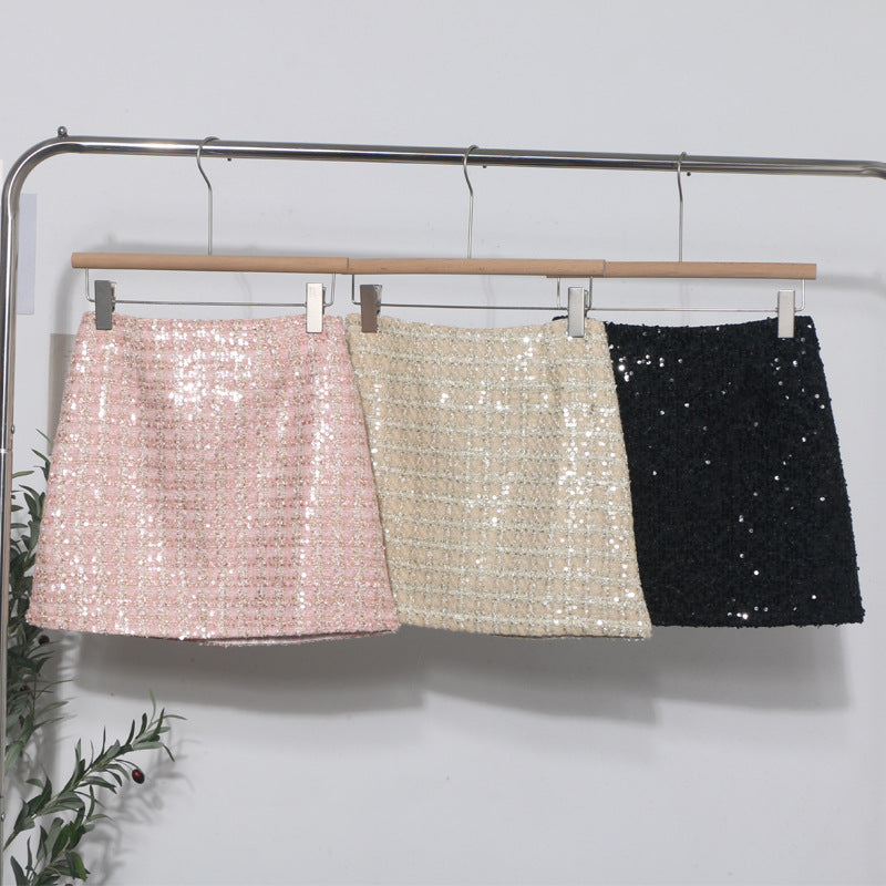Sparkling woolen sequin one-step hip hugging skirt