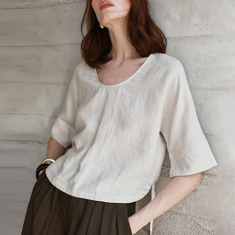 High-Grade Hemp Five-Quarter Sleeve T-Shirt for Women, Summer Cool-Feeling Mid-Sleeve Design with Asymmetric Hem Loose Top