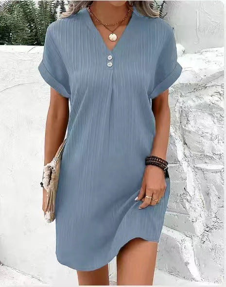 Style Solid Color Long Sleeve Buttoned A-line Casual Dress