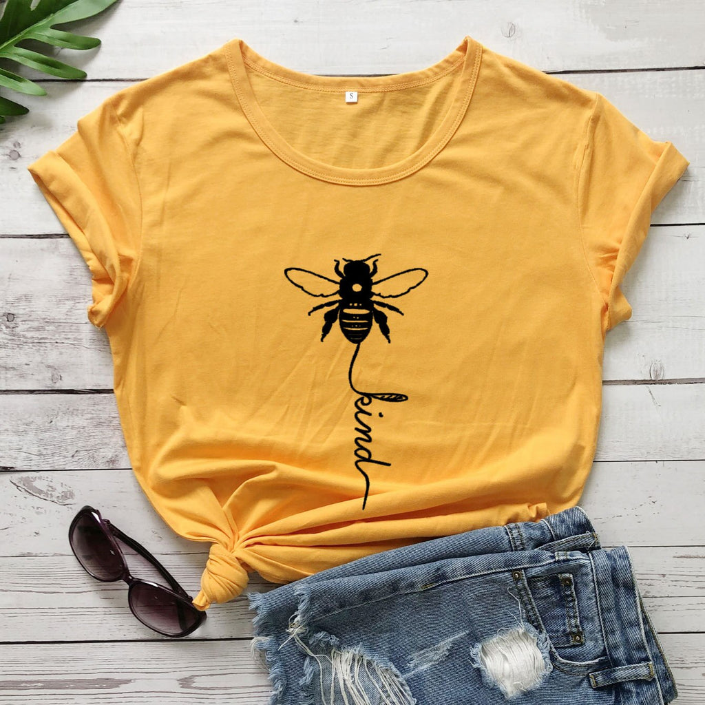 Cotton T Shirt Bee Kind Print Women Short Sleeve O Neck Loose Tshirt Summer Tee Shirt Tops