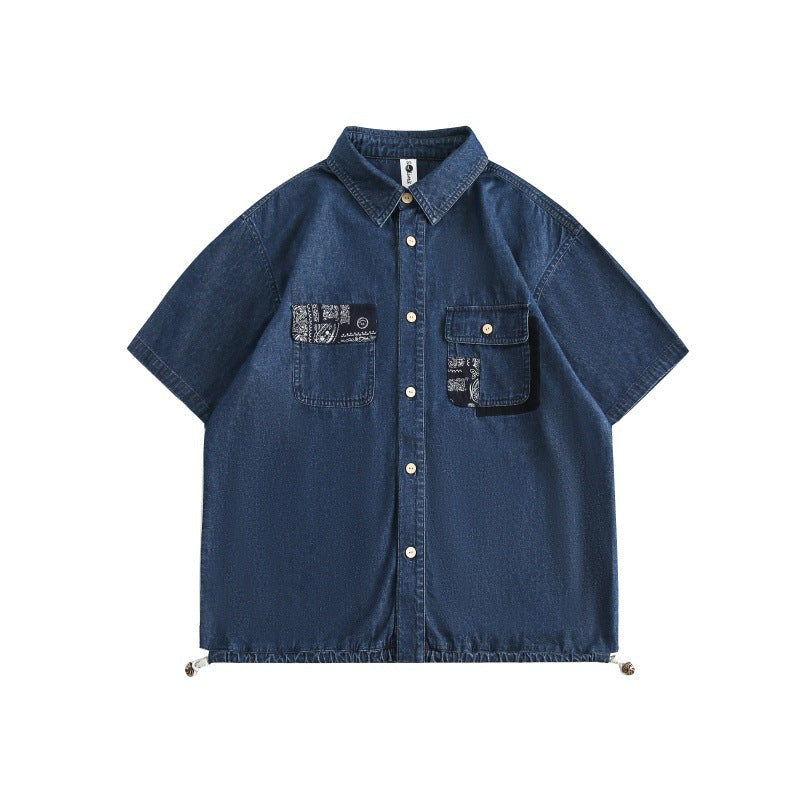 Cashew flower spliced washed workwear denim shirt