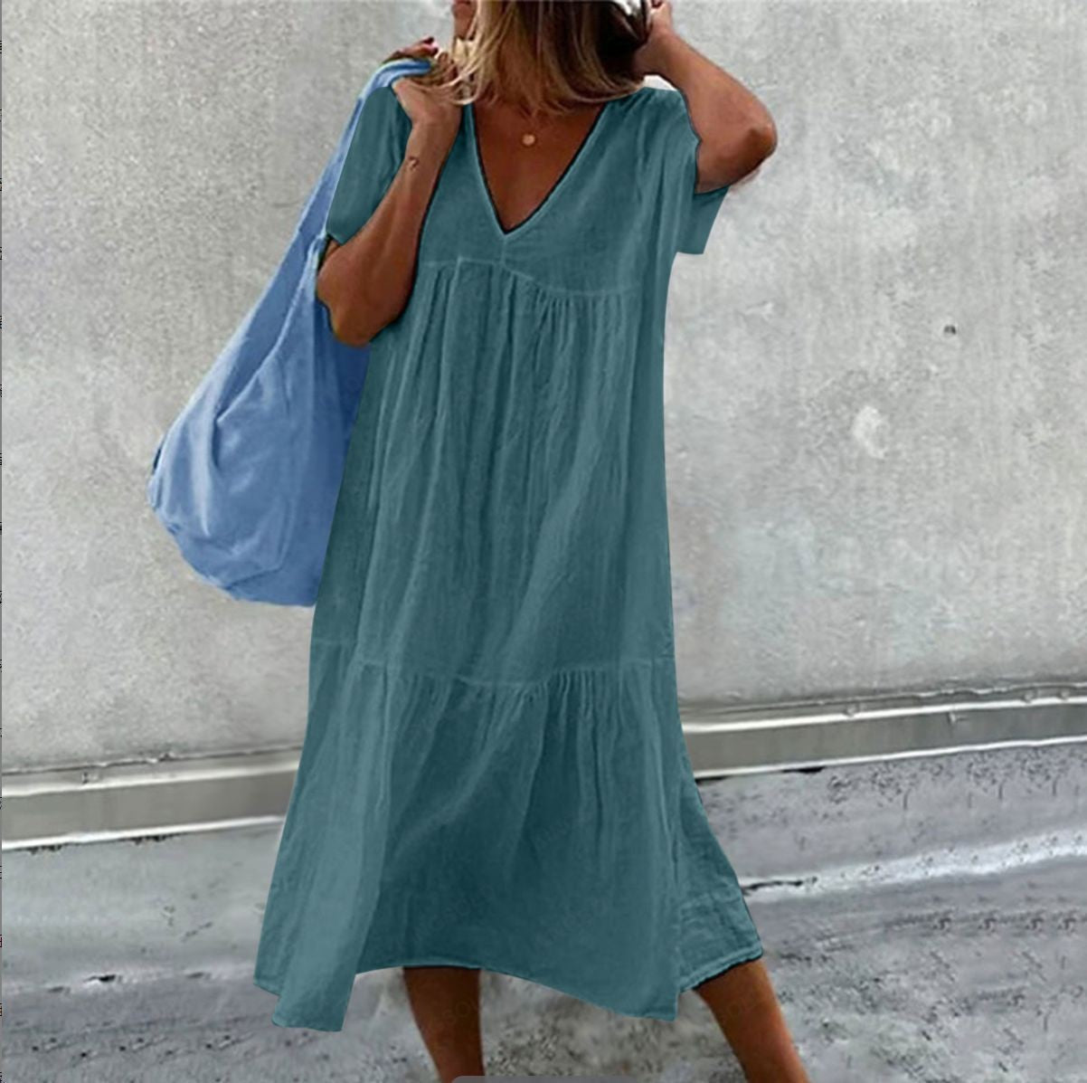 Chic Cotton Linen Mid-Length Dress for Women Round Neck Short Sleeve Casual Style