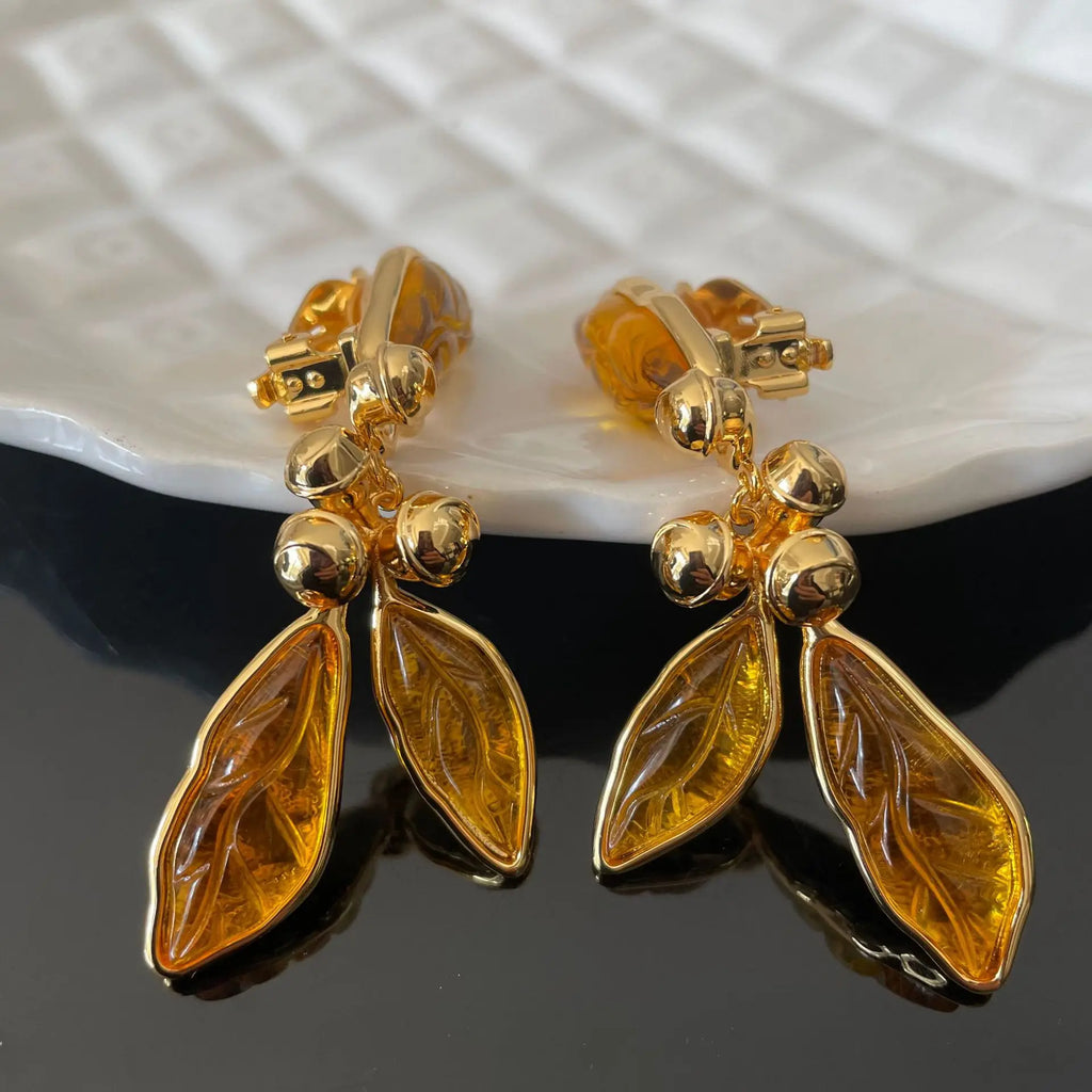 Retro style leaf tassel ear clip without ear hole earrings and earrings