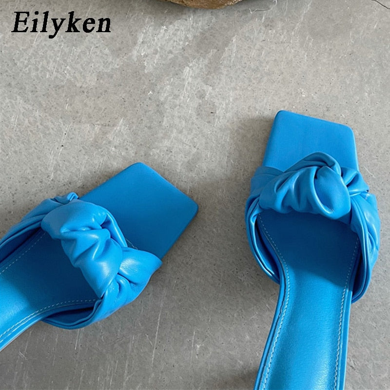 New Design Pleated PU Leather Women Slippers Square Toe High Heels Ladies Slides Summer Outdoor Fashion Dress Shoes