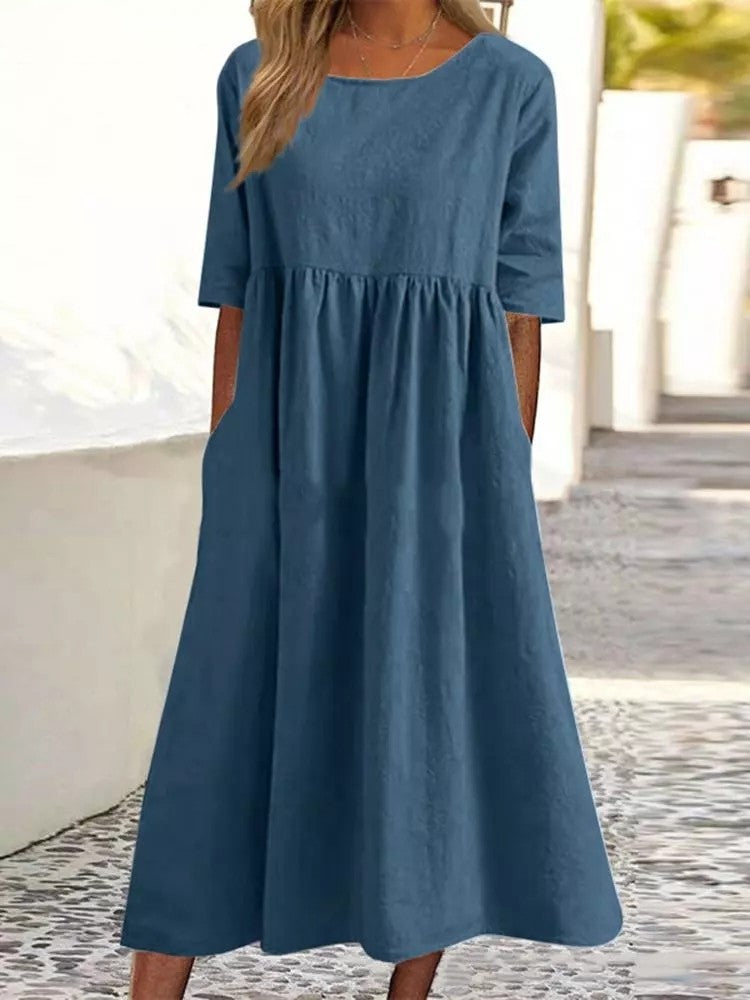 Casual Cotton Linen Short Sleeve Pocket Pleated Loose Round Neck Dress