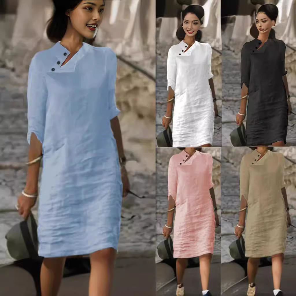 Casual Stand-up Collar Buttoned Linen Cotton Solid Color Mid-length Sleeve Dress
