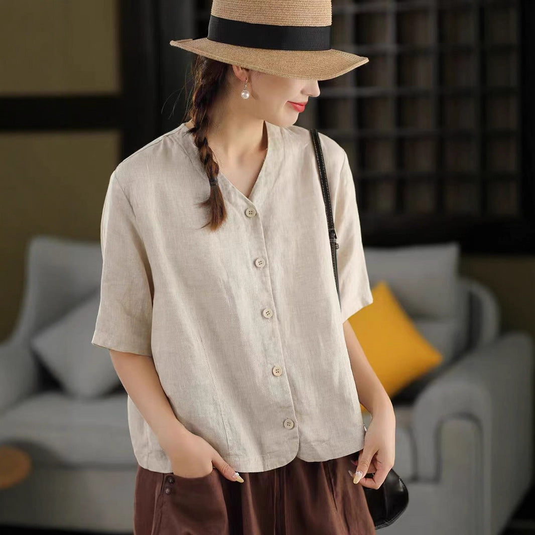 Vintage Thick Hemp Shirt V-Neck Mid-Sleeve Single-Breasted Jacket Casual Open Cardigan Top