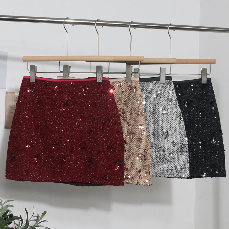 Sequined Red Pencil Skirt High Waist Slim A-Line Anti-See-Through Short Skirt