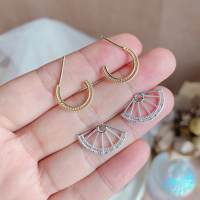 Japanese Style New Lace Hollow Design Sense Silver Hollow Coin Fan Earrings Half-Circle Arc Earrings