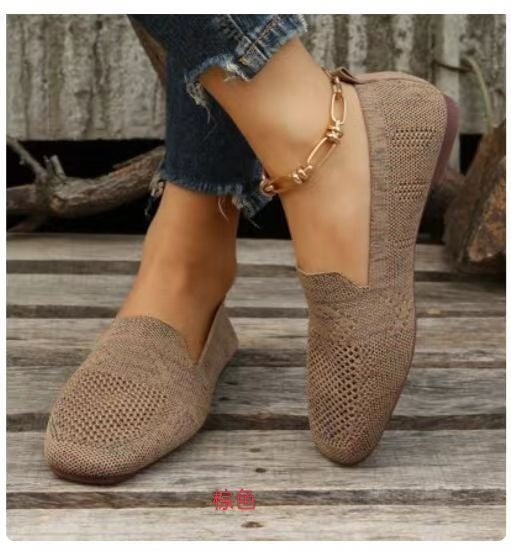 Large size flying knit single shoes for women, new spring and autumn collection, round toe, low heel, lazy casual mother shoes