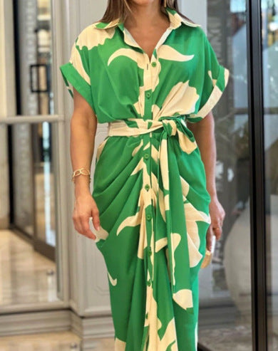 Fashionable Women's High-Waisted Single-Button Long Sleeveless Shirt Dress with Turn-Down Collar and Mid-Length Cut