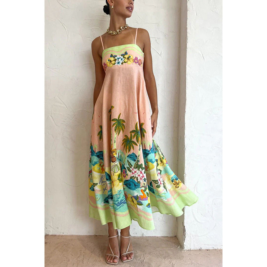 Elegant Strapless Printed Casual Dress INS Loose High-Waisted Vacation Dress
