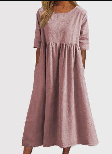 Casual Cotton Linen Short Sleeve Pocket Pleated Loose Round Neck Dress