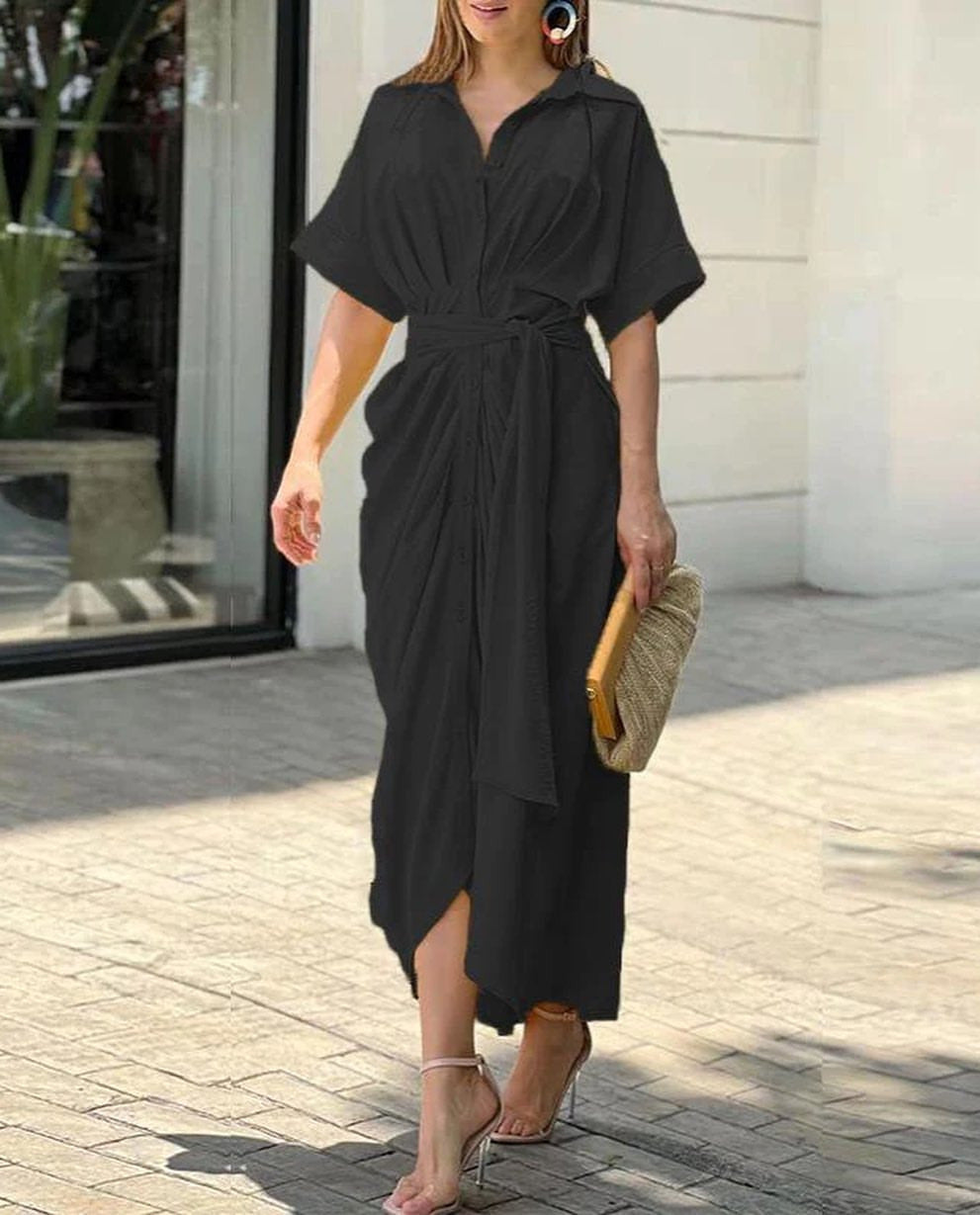 Fashionable Women's High-Waisted Single-Button Long Sleeveless Shirt Dress with Turn-Down Collar and Mid-Length Cut