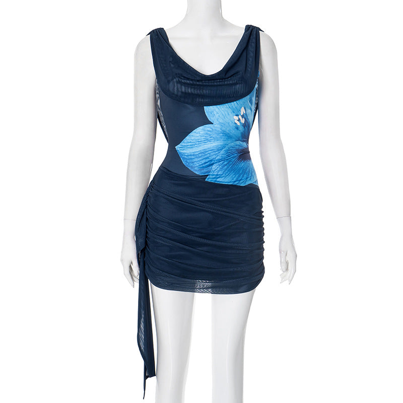 Sexy backless swinging collar printed side ribbon waist-hugging short skirt dress