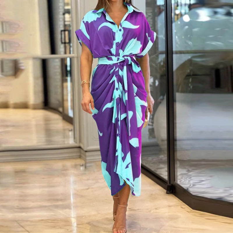 Fashionable Women's High-Waisted Single-Button Long Sleeveless Shirt Dress with Turn-Down Collar and Mid-Length Cut