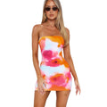 Strapless shoulder cinched waist and hip print dress