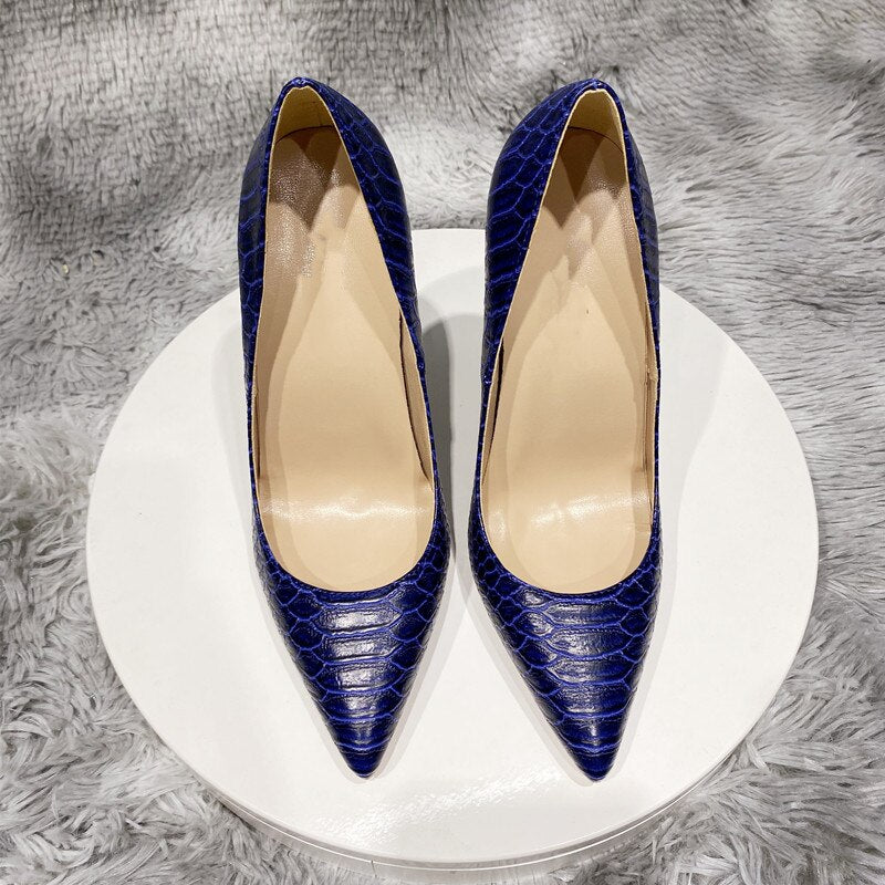 Navy Blue Crocodile Effect Pattern Women's Pointy Toe High Heel Shoes Chic Ladies Slip-On Stiletto Pumps