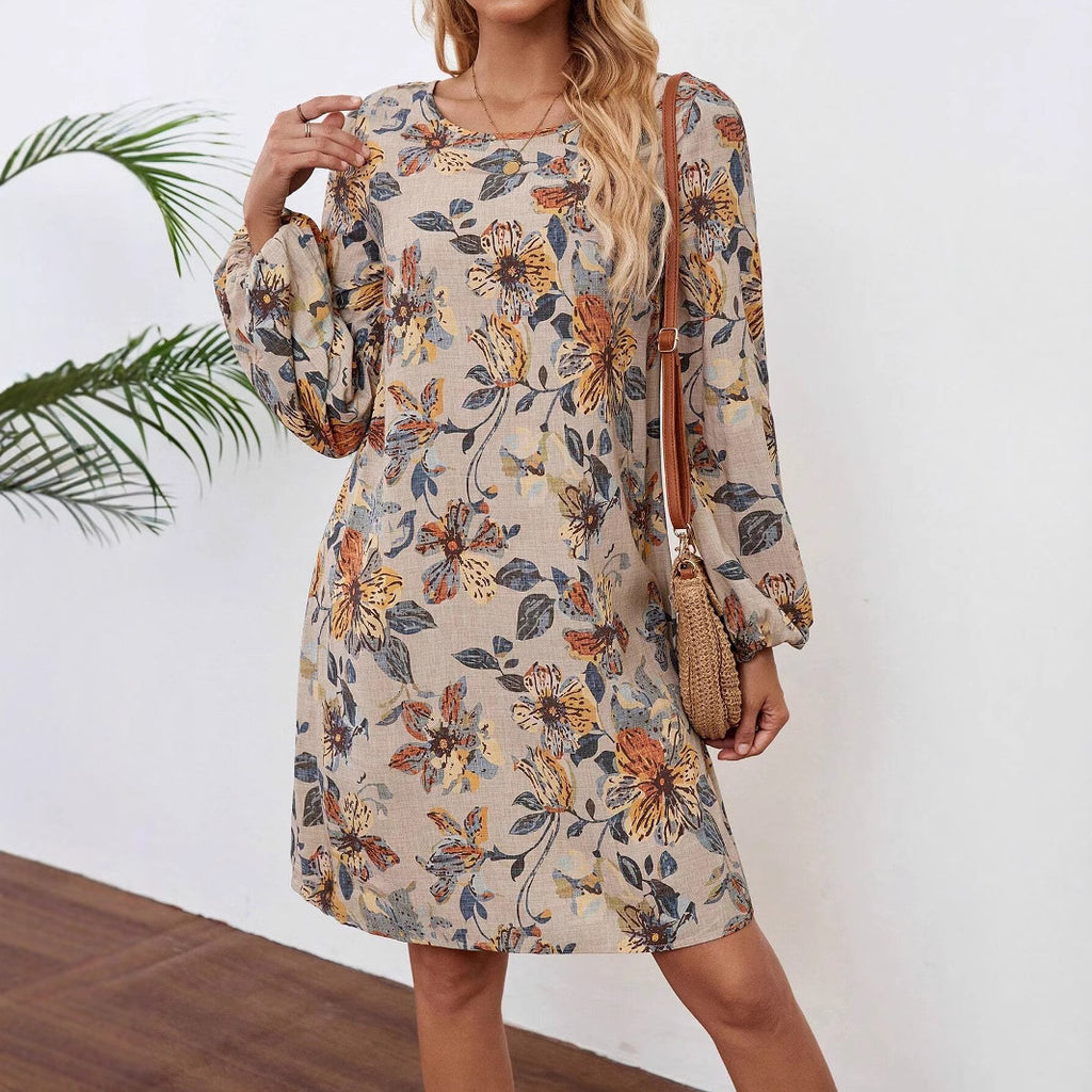 Style Printed Long Sleeve Round Neck Dress