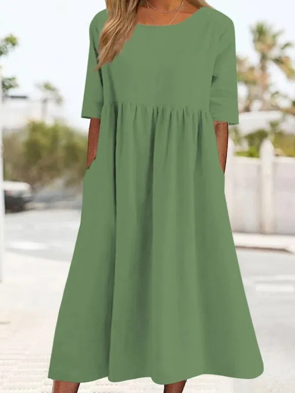 Casual Cotton Linen Short Sleeve Pocket Pleated Loose Round Neck Dress