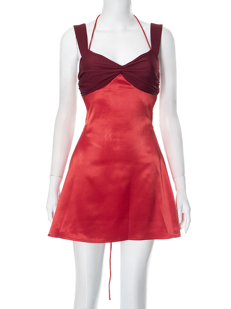 Hanging neck tie backless vacation dress for women