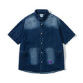 Washed and worn casual denim shirt with short sleeves for men