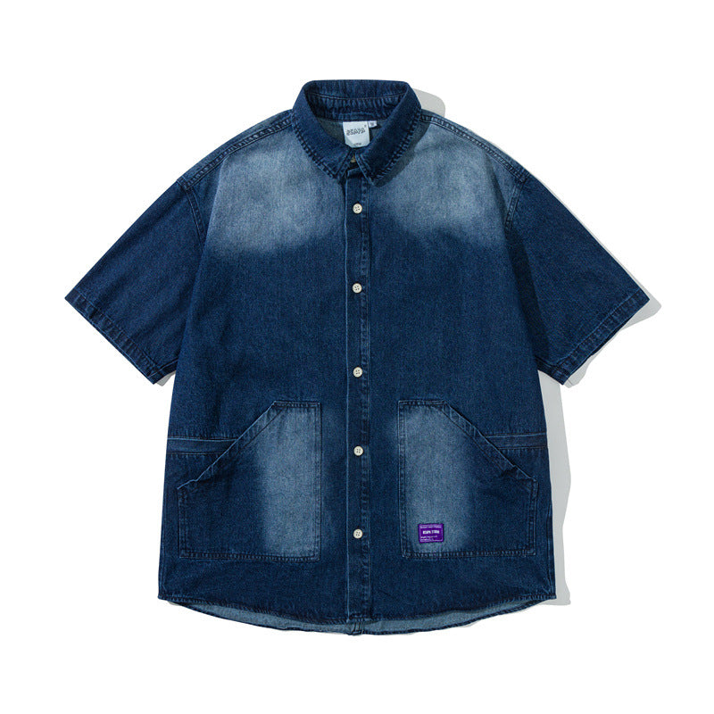 Washed and worn casual denim shirt with short sleeves for men