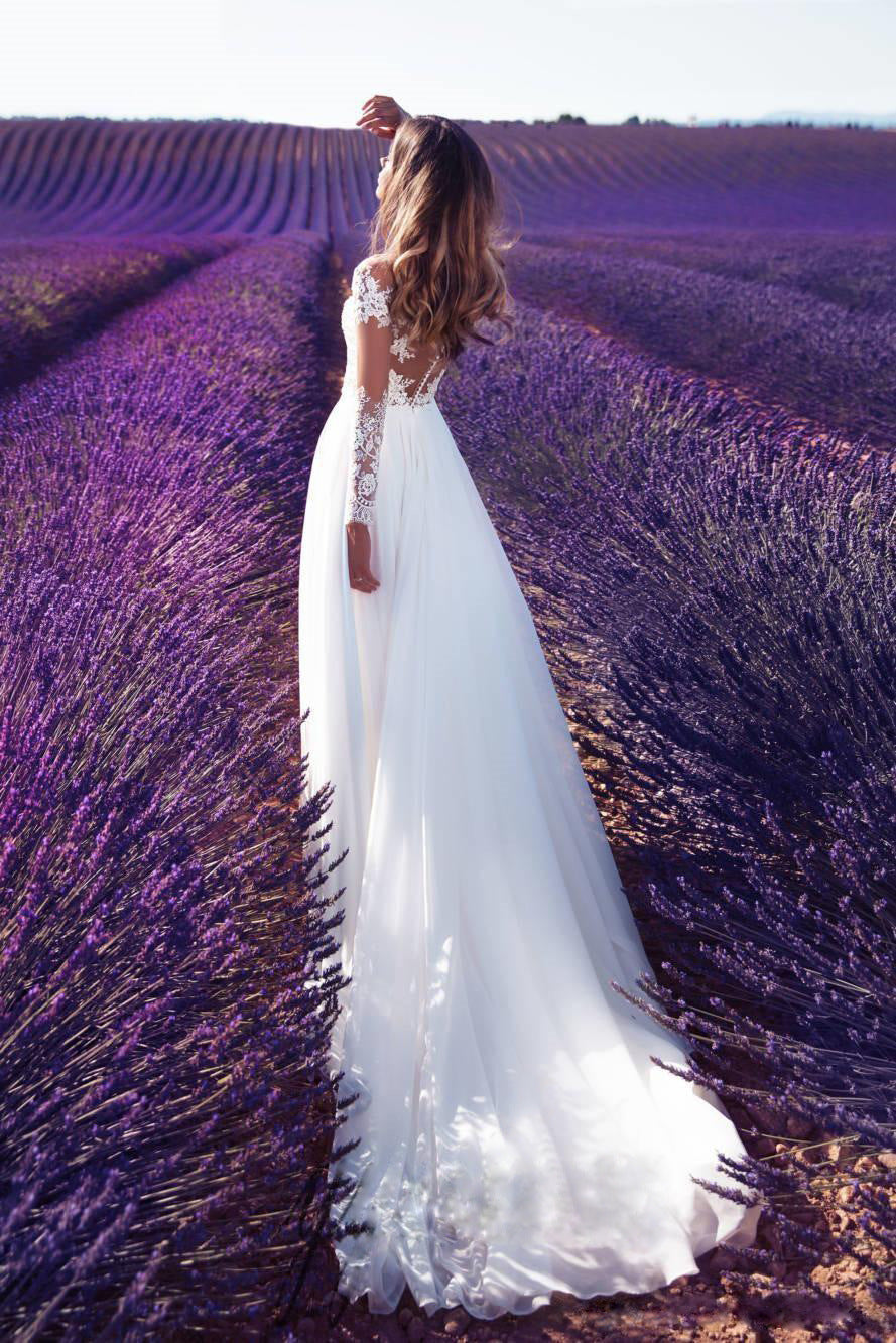 Long Sleeve Sheer Lace Wedding Bridesmaid Dress with Slit Long Skirt