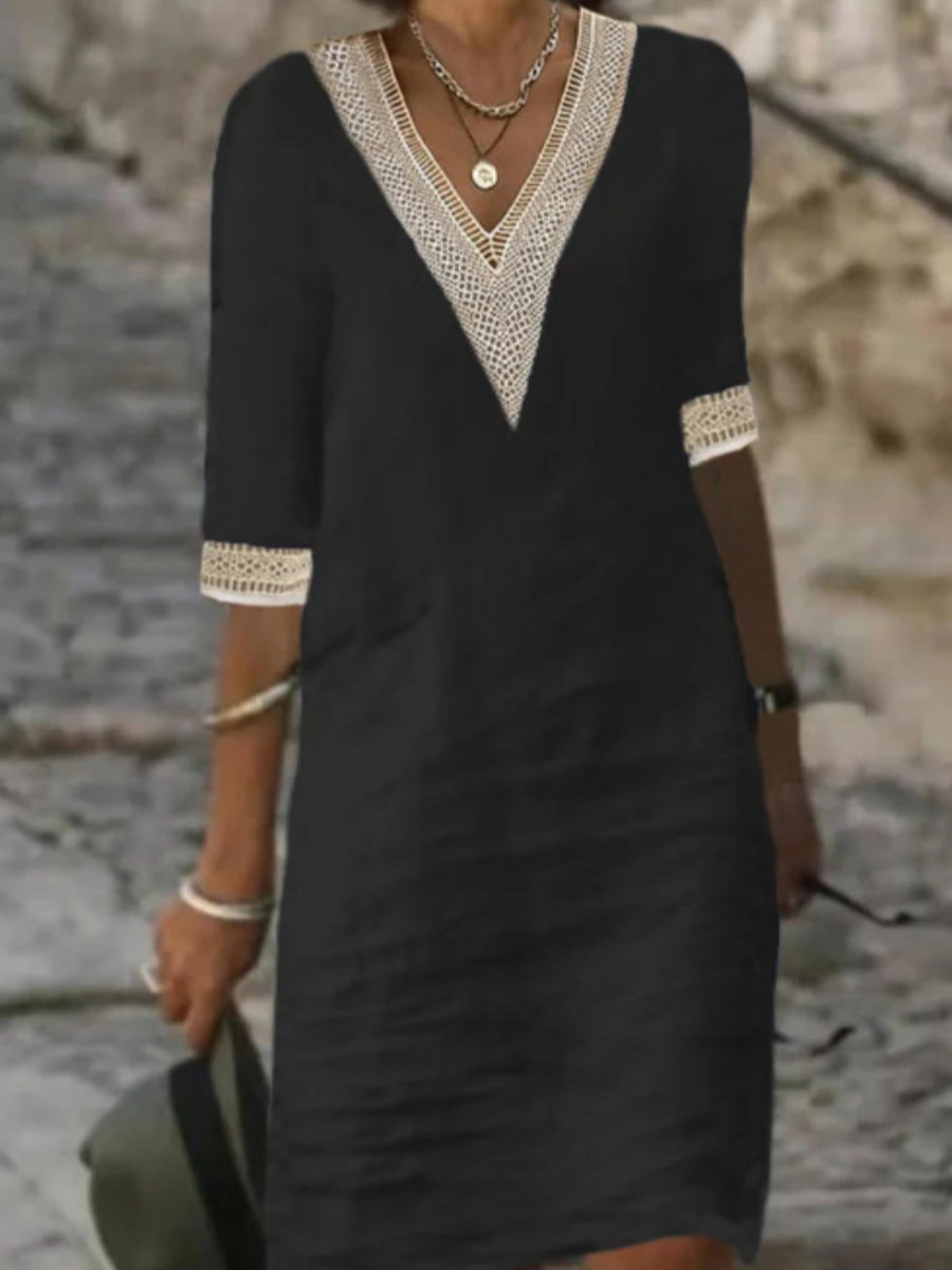 Elegant Pure Color V-Neck Mid-Sleeve Linen Cotton Dress for Women