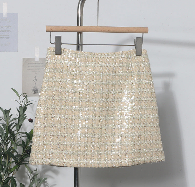 Sparkling woolen sequin one-step hip hugging skirt