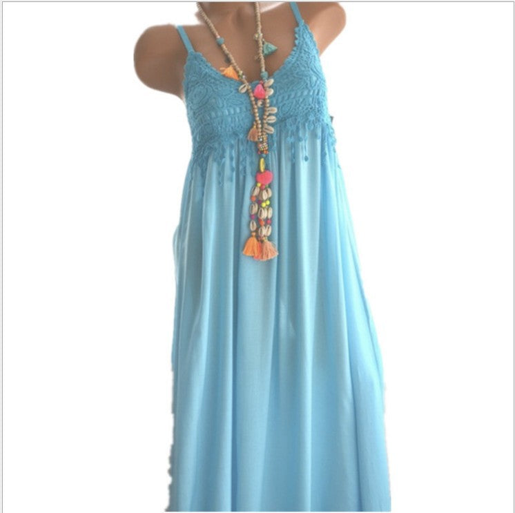 Sexy Lace Spliced Solid Color Mid-Length Strap Dress