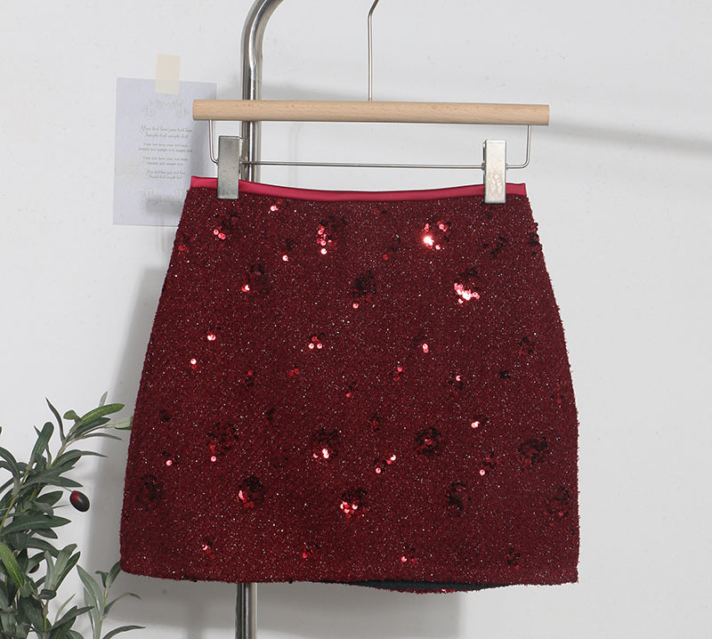 Sequined Red Pencil Skirt High Waist Slim A-Line Anti-See-Through Short Skirt