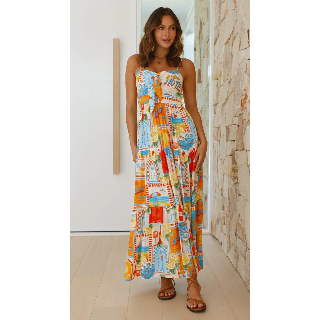 Spring and Summer New Strap Printed Dress INS Loose Vacation Casual Elastic Band Dress