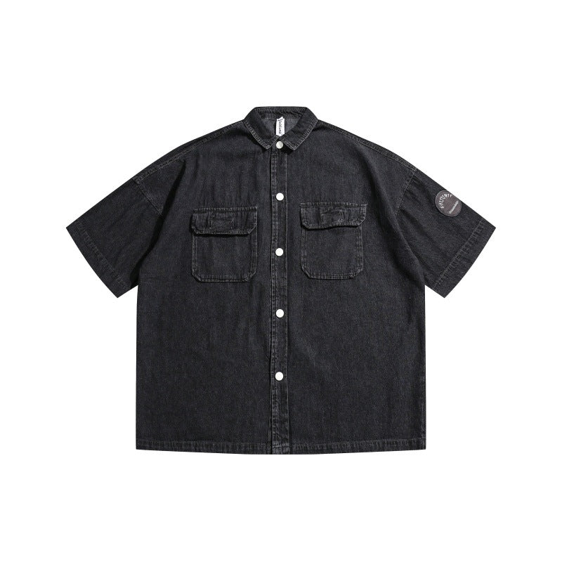 Embroidered loose retro vintage denim short sleeved shirt with patch pockets