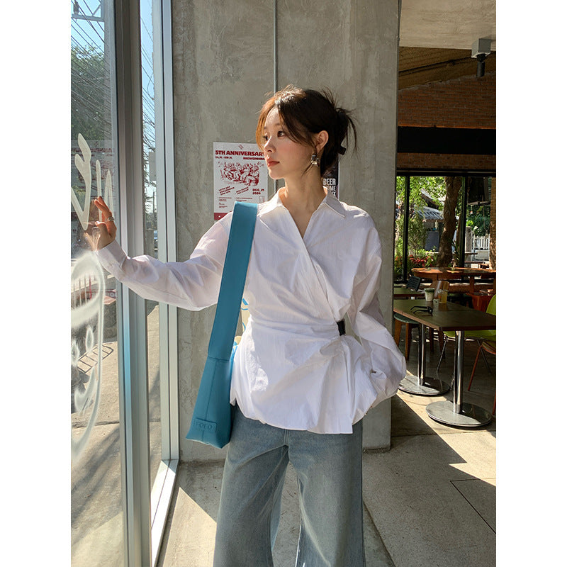 Women's waist-cinched long-sleeved shirt