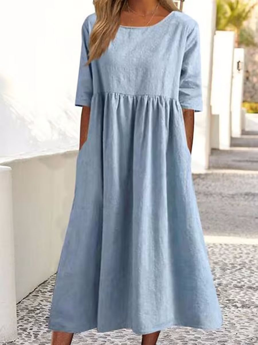 Casual Cotton Linen Short Sleeve Pocket Pleated Loose Round Neck Dress