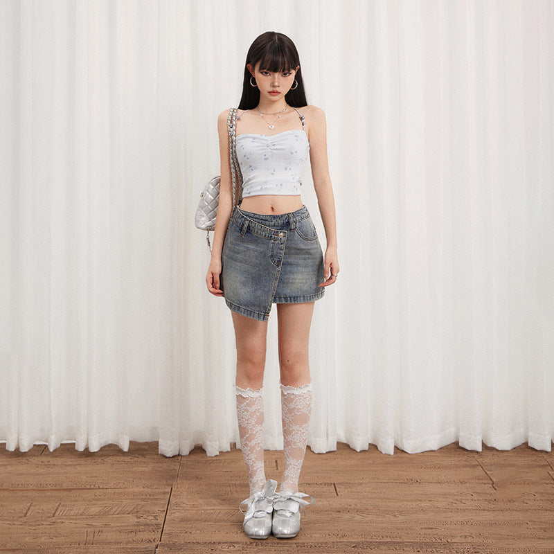 Spicy Girl Irregular Design Versatile Denim Skirt Women A-line Anti-peeking Short Skirt