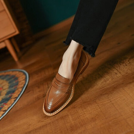 Round toe low heeled single shoes, retro style flat heeled women's shoes, brown