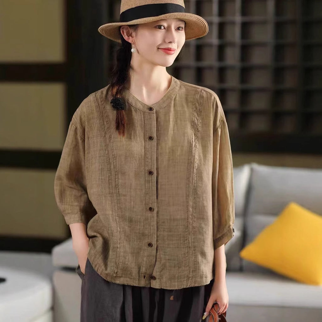 Chic Single-Breasted Seven-Quarter Sleeve Blouse for Women with Dyed Ramie Double Yarn Non-See-Through Fabric