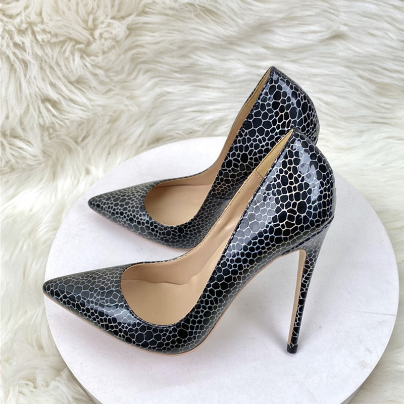 Tikicup Geometric Pattern Print Women's Black Patent Pointy Toe High Heel Celebrity Party Shoes Sexy Slip-On Stiletto Pumps