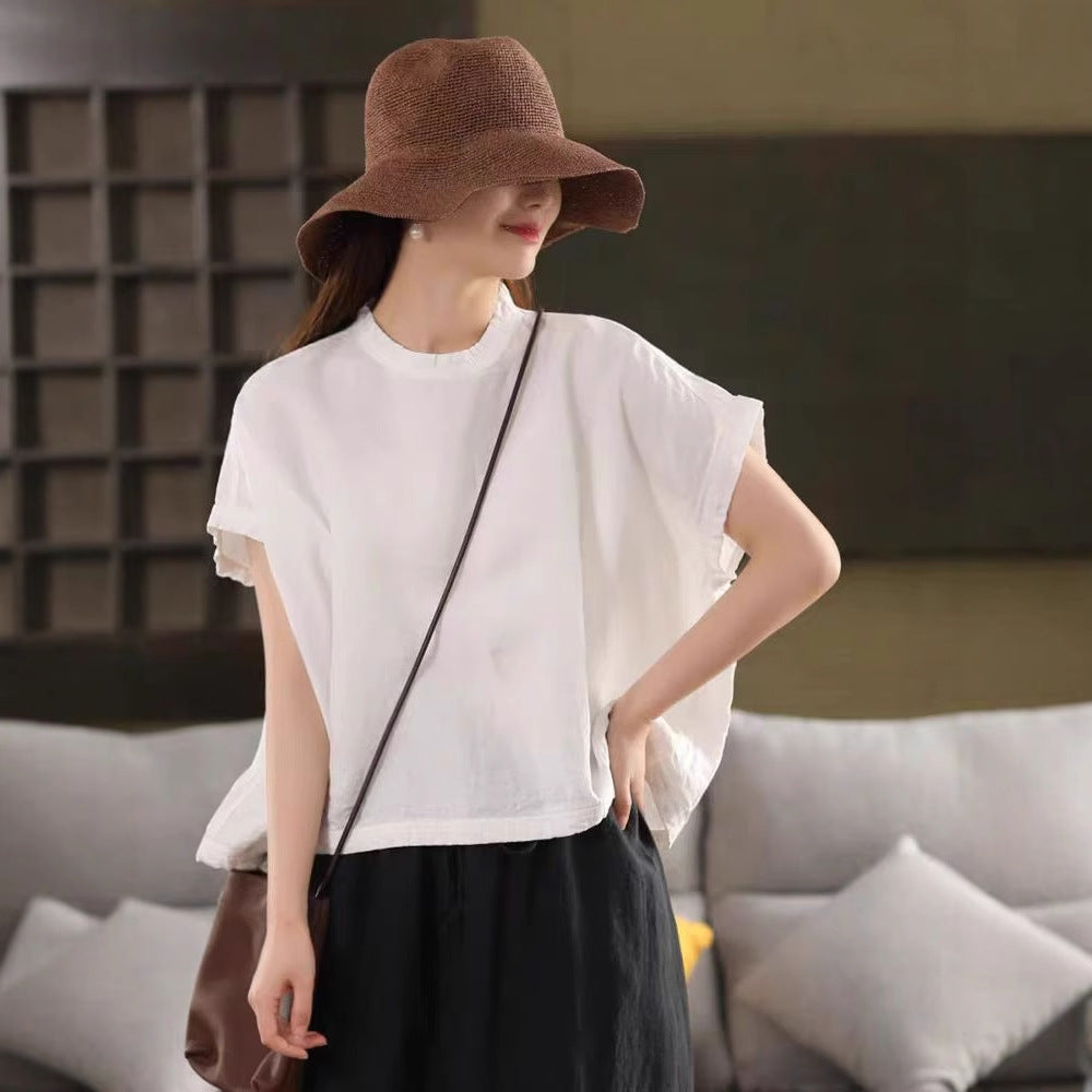 Heavyweight Hemp Blouse Shirt Casual Loose Mid-Sleeve Pullover Literary White Slimming