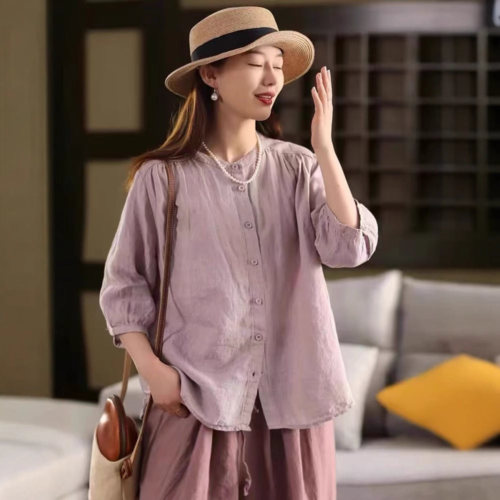 Literary Single-Breasted Linen Blouse Women Short Sleeve Cardigan Loose Slim Fit Versatile Top