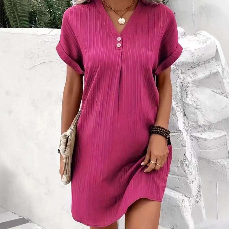 Style Solid Color Long Sleeve Buttoned A-line Casual Dress