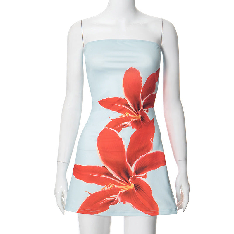 Casual strapless floral print slim fit high waist short dress