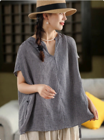 Vintage Color Woven Plaid Hemp Shirt Casual Crew Neck Short Sleeve Blouse Literary Plaid Top