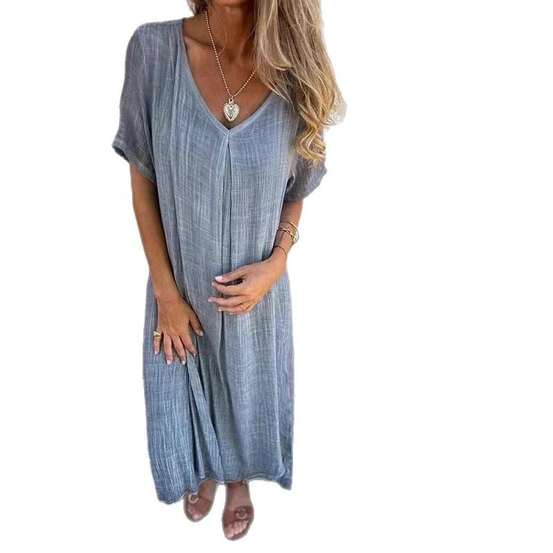 Fashionable cotton and linen V-neck semi formal dress